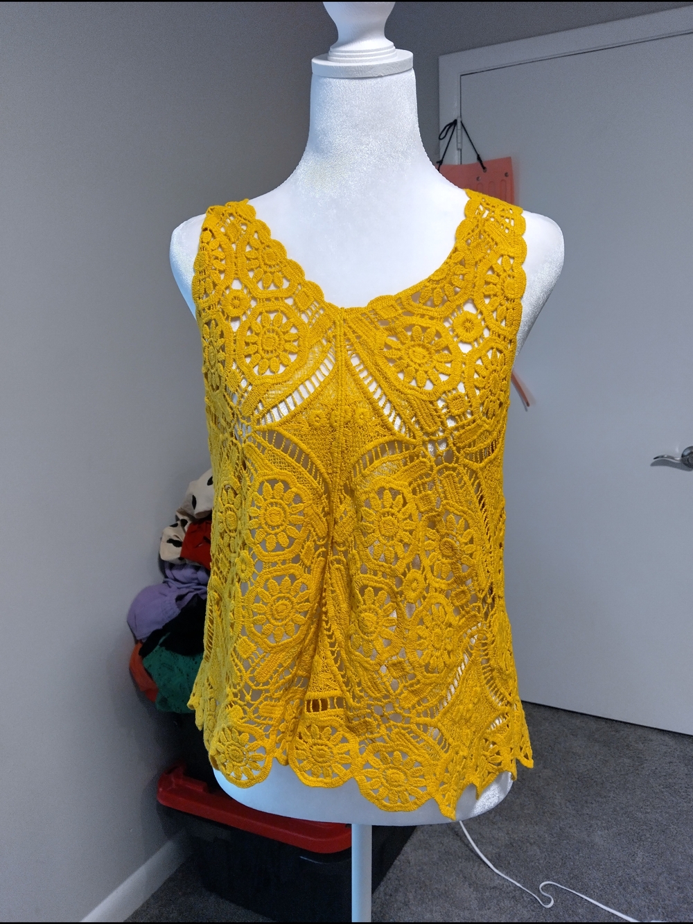 Ultra Pink Crochet Lace V-Neck Tank in Mustard